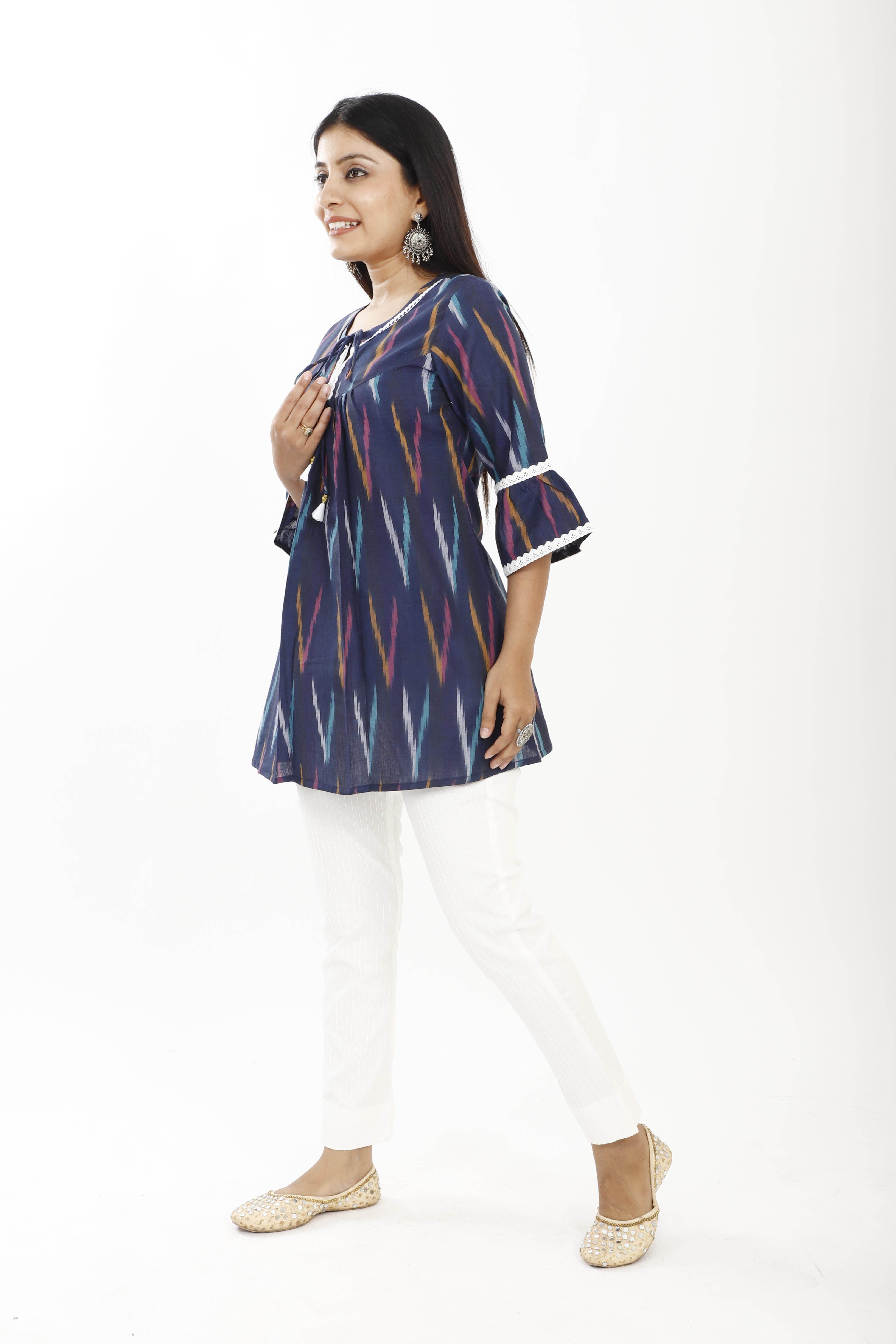 Ikat Cotton A line Kurta with Shawl Collar & Wooden Button Details, Pi –  Scarlet Thread