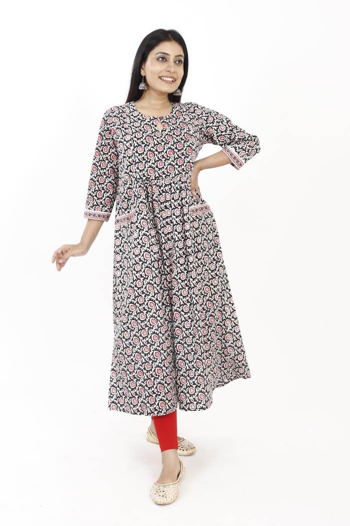 FLORAL PRITED FROCK STYLE WITH POCKET