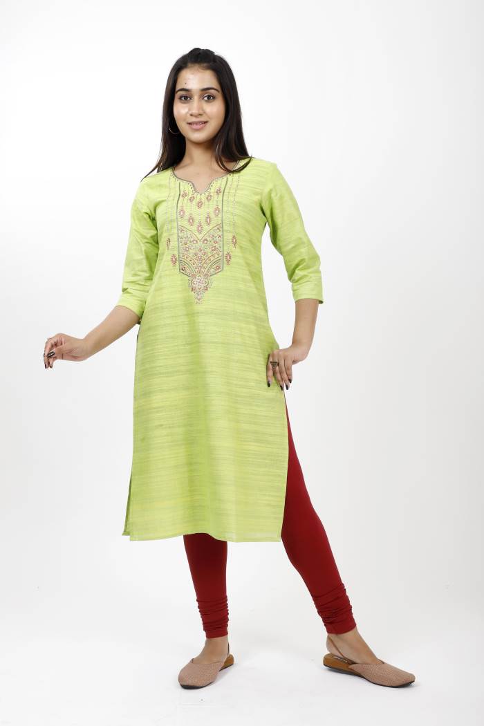 PARROT GREEN COTTON EMBROIDERED KURTI