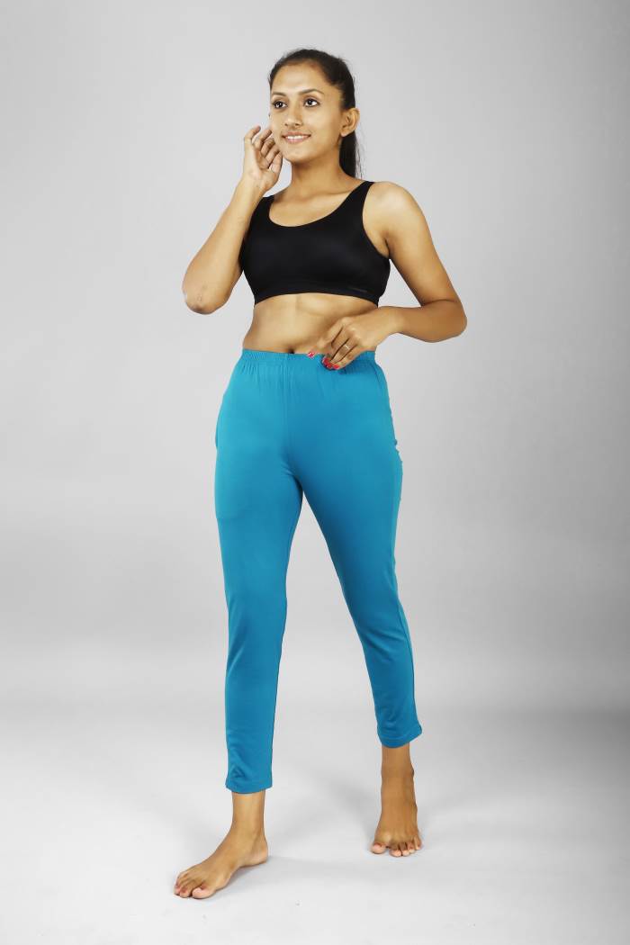 Women Blue Terquise Cotton Lycra Mid Rise Pants