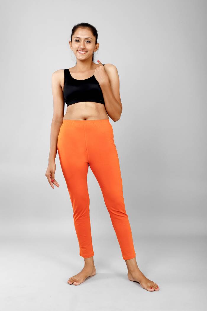 Women Orange Cotton Lycra Mid Rise Pants