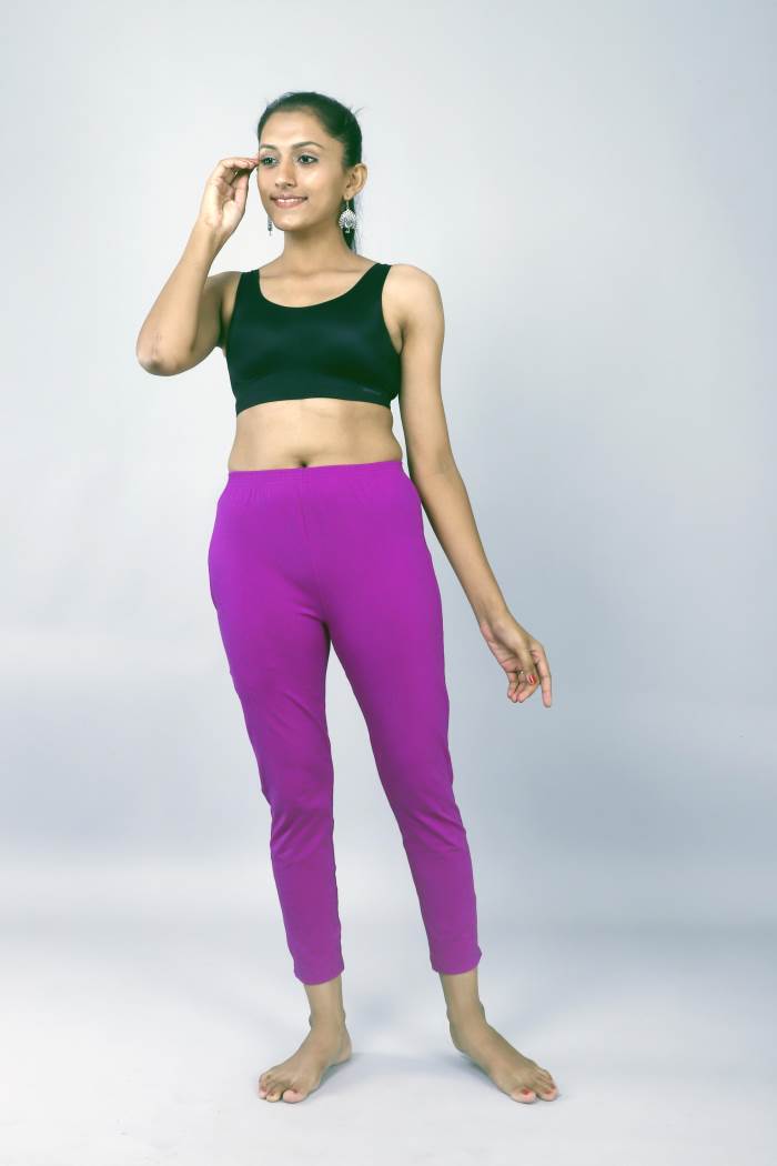 Women Purple Cotton Lycra Mid Rise Pants
